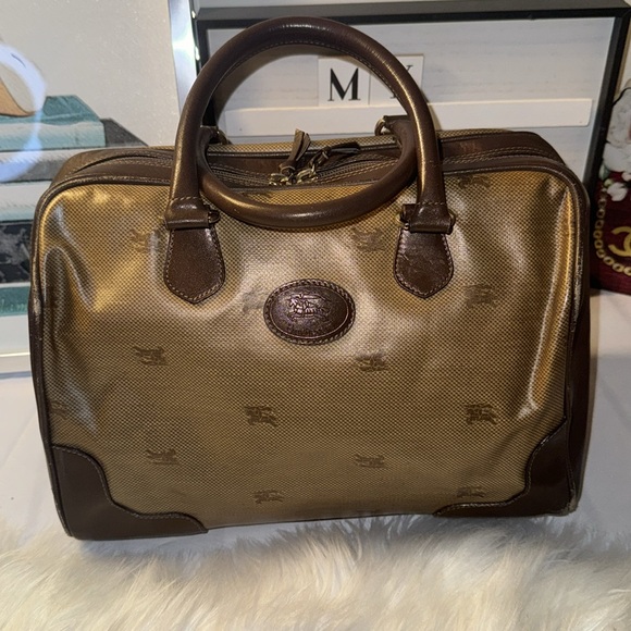 90s VTG Burberrys Boston Duffle Travel Bag Brown Leather Monogram Bag Italy Used - Picture 3 of 16
